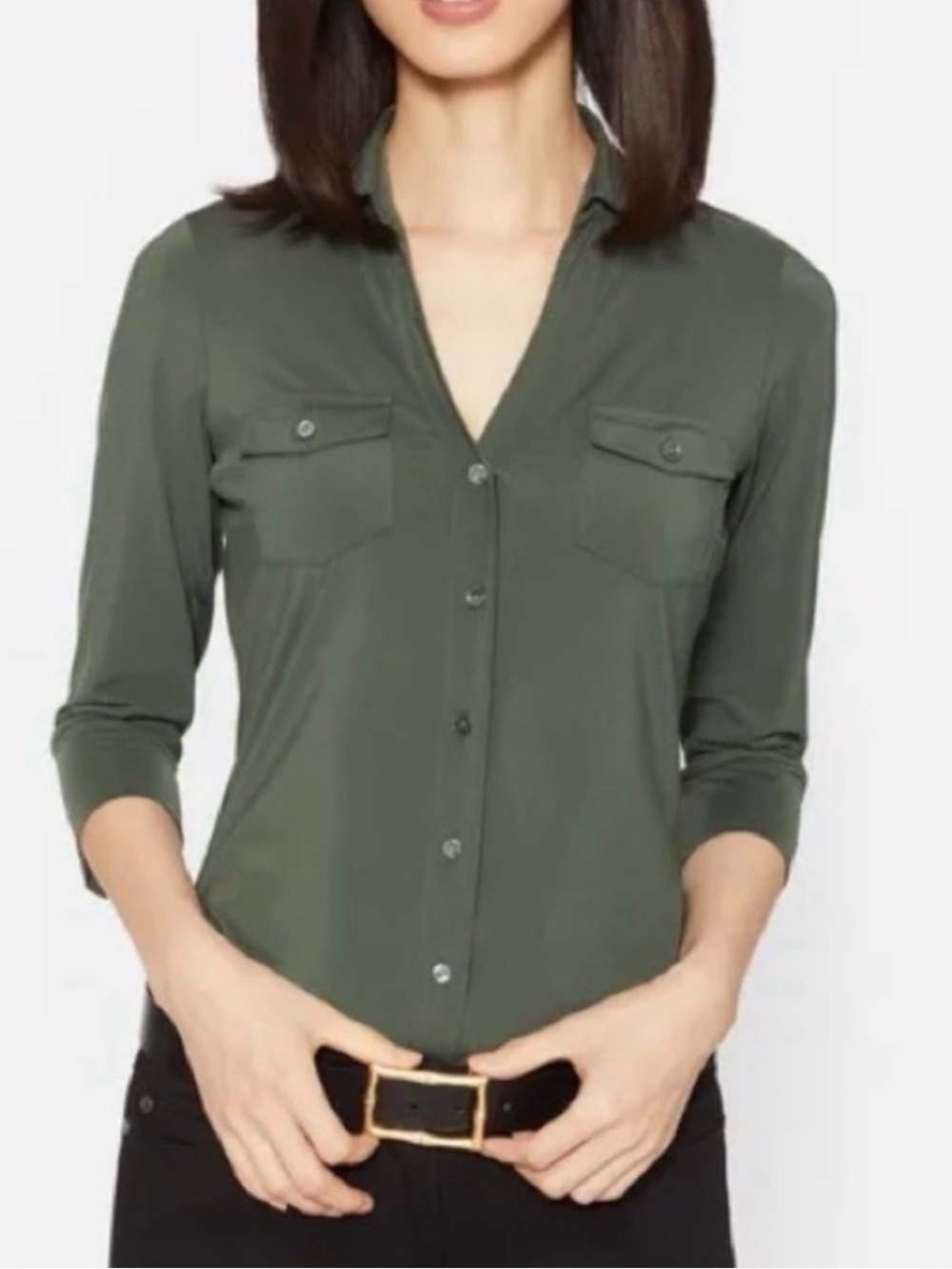 J. McLaughlin Olive Green Brynn Lyford Jersey Button-Front Shirt Office Size XS